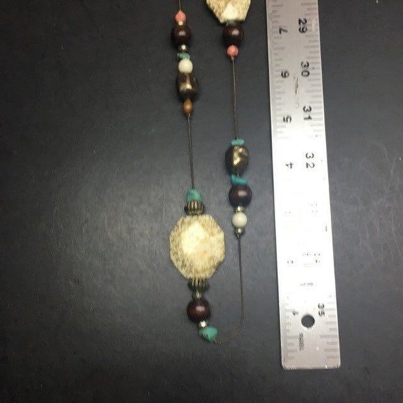 Long Necklace Beige Brown Turquoise Pink Gold Chunky Speckle Faceted Retro BoHo - Picture 8 of 9